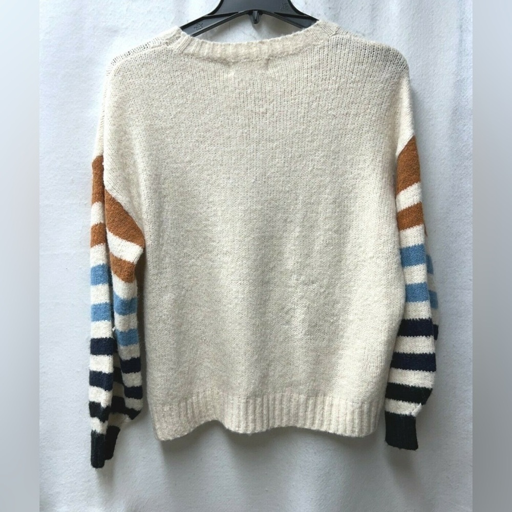 Pink Lily Women’s Cream Striped Colorful Balloon Sleeve Boho Sweater Large